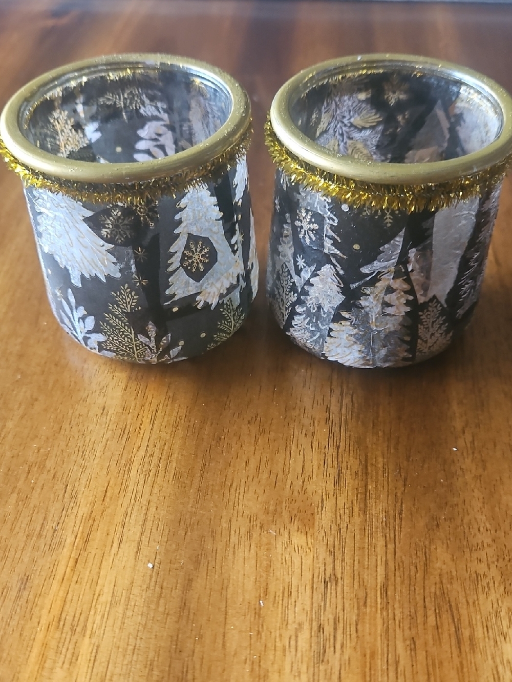Festive Black & Gold Pine Tree Decopaged Jars/Votive Holders - Set of 2